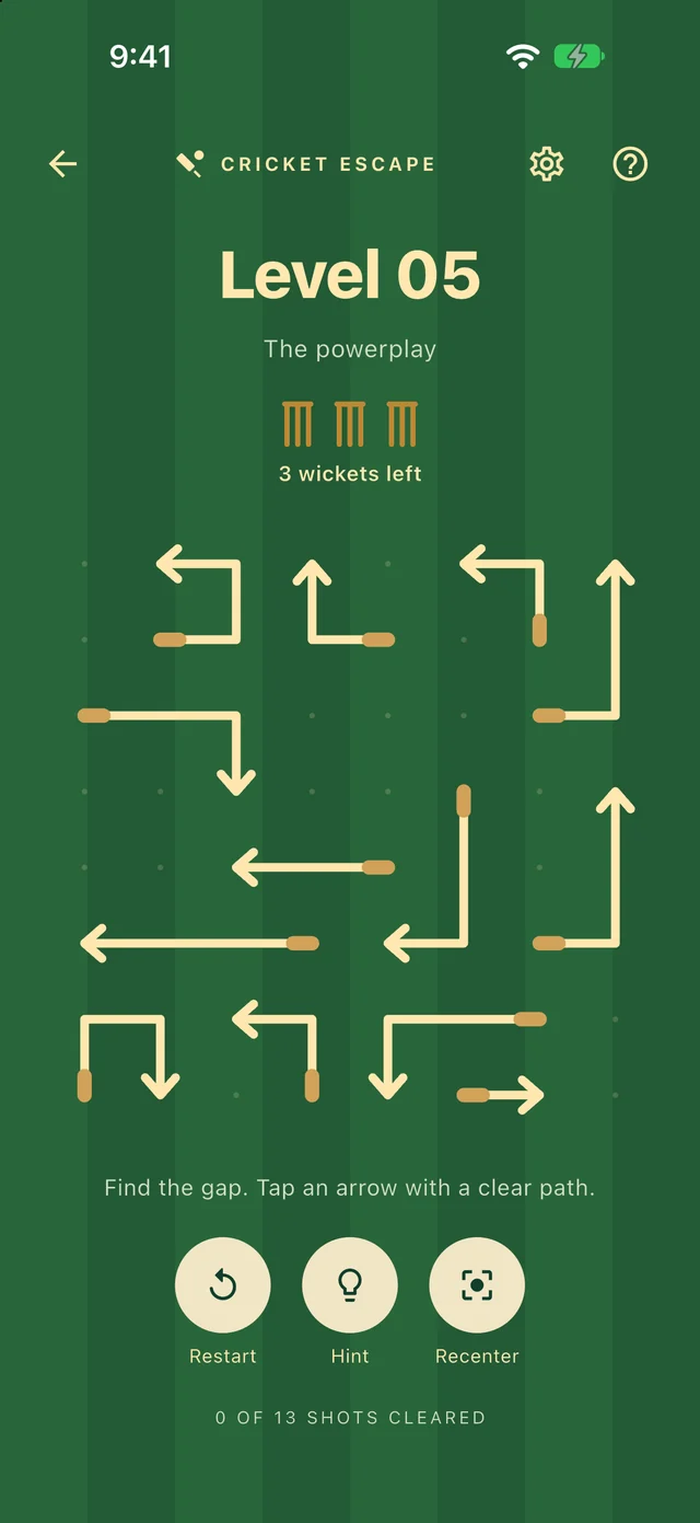 Level 5, The powerplay: thirteen cream arrows on a striped cricket field, with three wickets left and Restart, Hint and Recenter buttons.