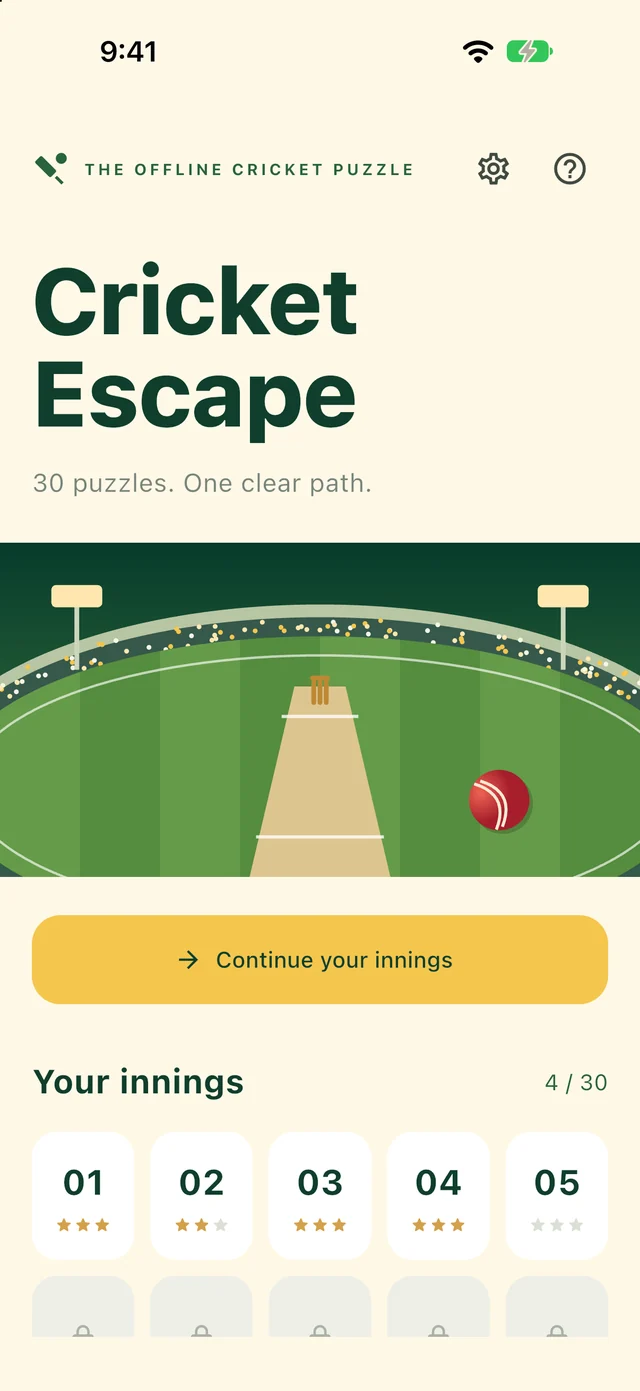 The Cricket Escape home screen: a floodlit stadium, a Continue your innings button and the level grid with stars.