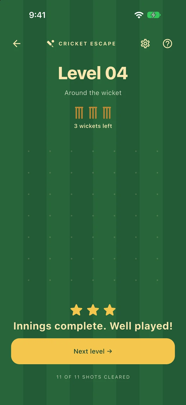 A cleared field with three gold stars, the message Innings complete. Well played! and a Next level button.